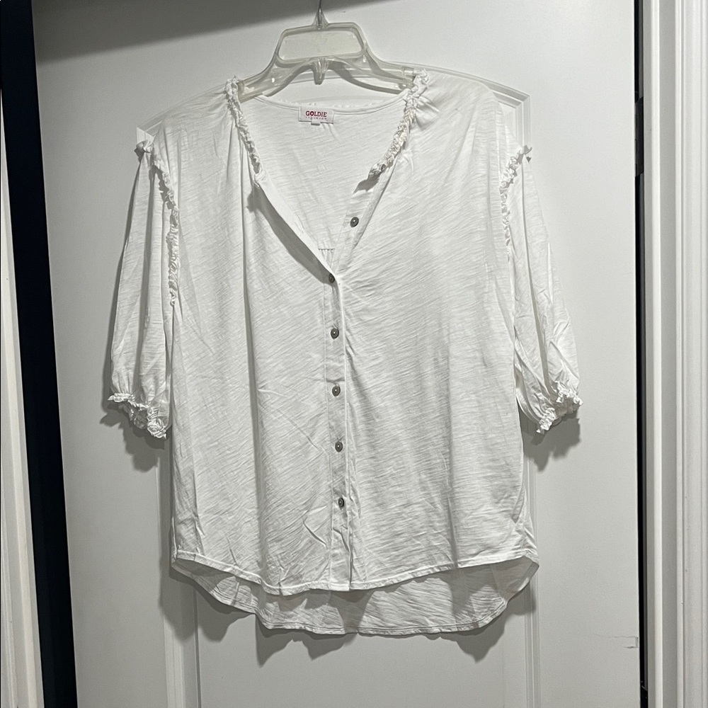 Goldie Lewinter White Button-Down Blouse with Ruffle Trim
